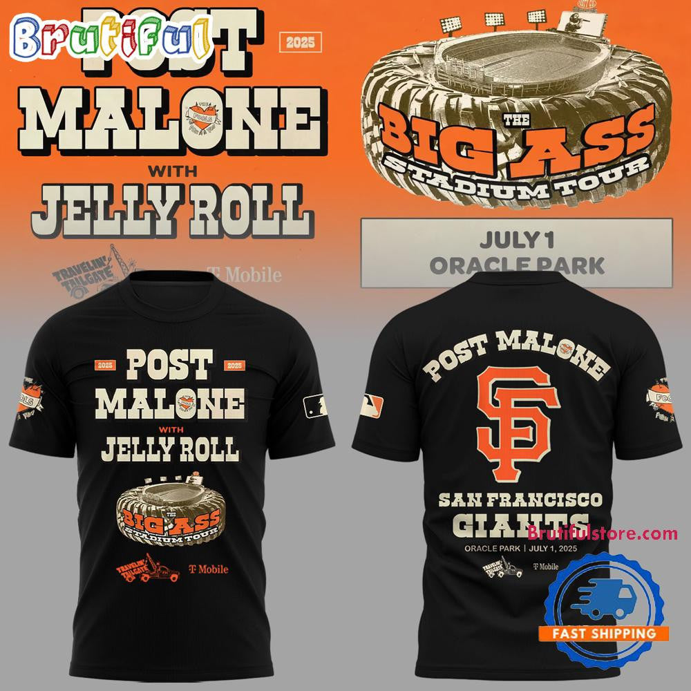 San Francisco Giants 2025 x Post Malone Big Ass Stadium Tour 2025 All Over Printed T-shirt - Black