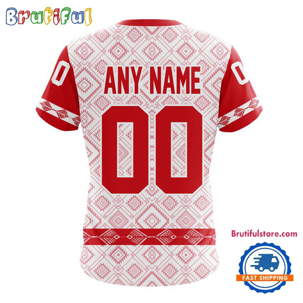 Calgary Flames Hockey Team Native Heritage Design Custom Name Number All Over Printed T-shirt - White