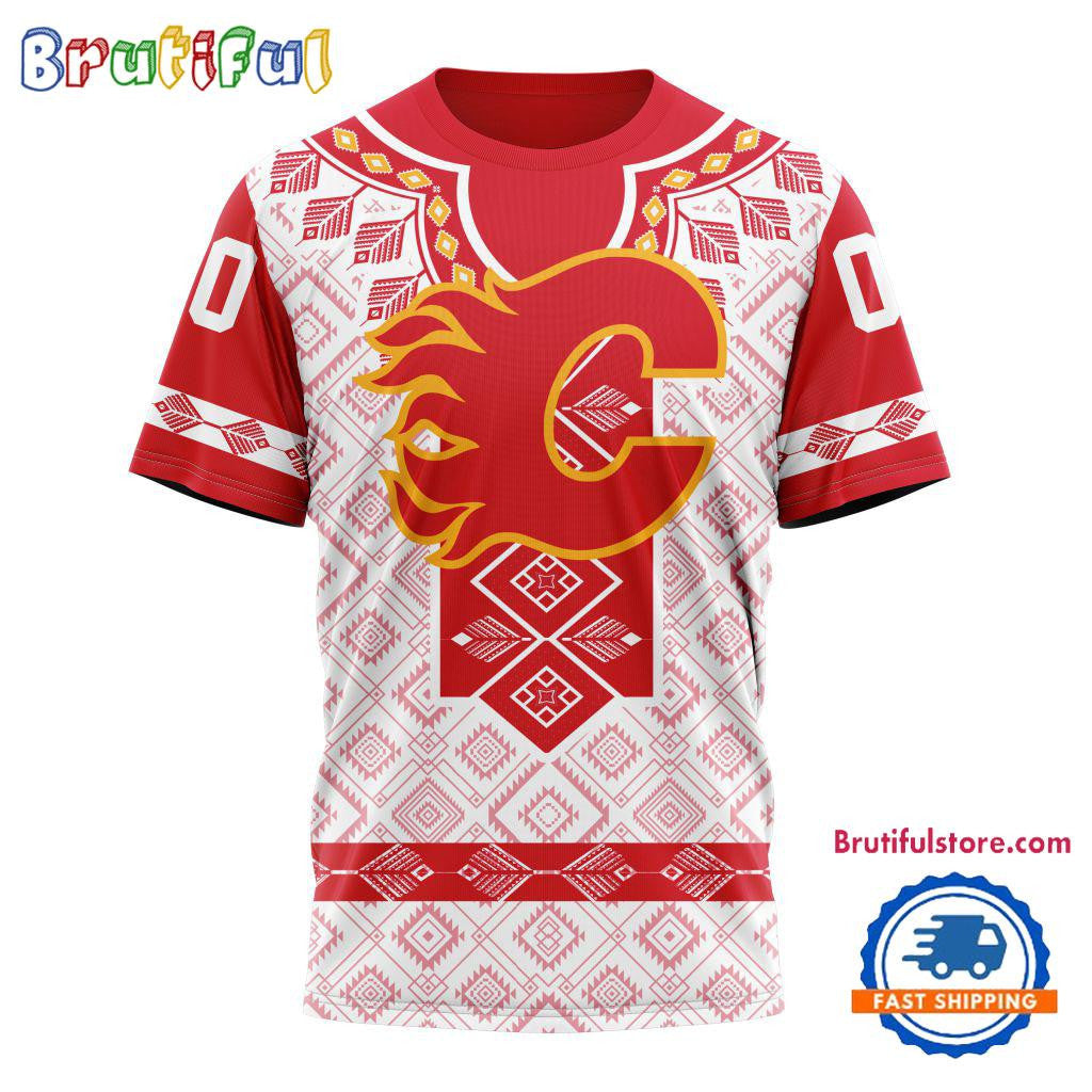 Calgary Flames Hockey Team Native Heritage Design Custom Name Number All Over Printed T-shirt - White