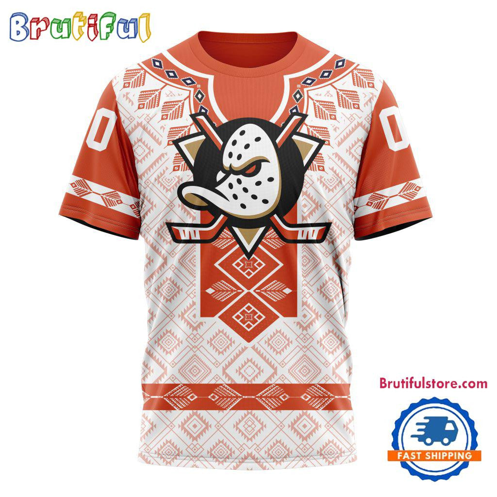 Anaheim Ducks Hockey Team Native Heritage Design Custom Name Number All Over Printed T-shirt - White