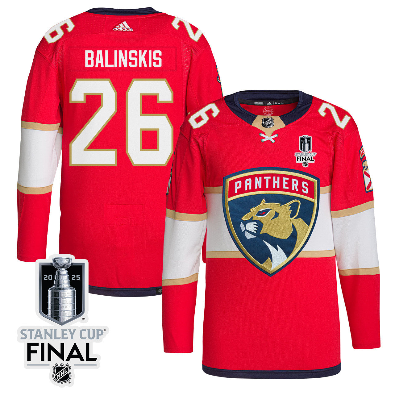 Uvis Balinskis 26 Florida Panthers 2025 STANLEY CUP Final Patch Home Men Jersey - Red