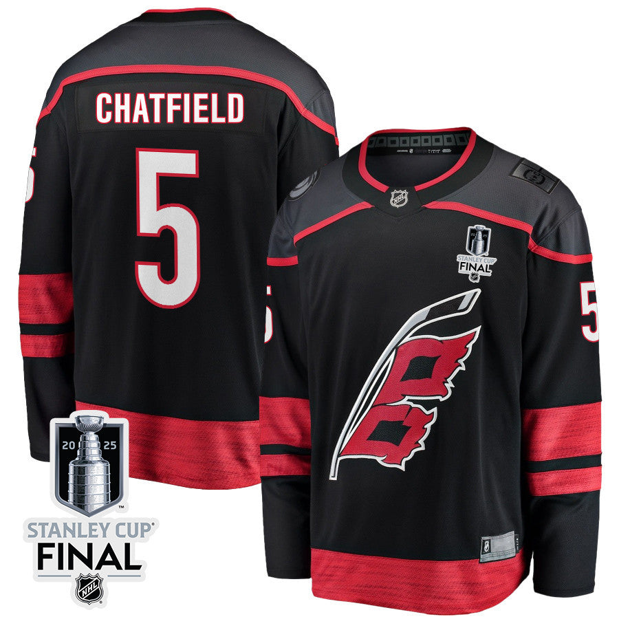 Jalen Chatfield 5 Carolina Hurricanes 2025 STANLEY CUP Final Patch Home Men Jersey - Black