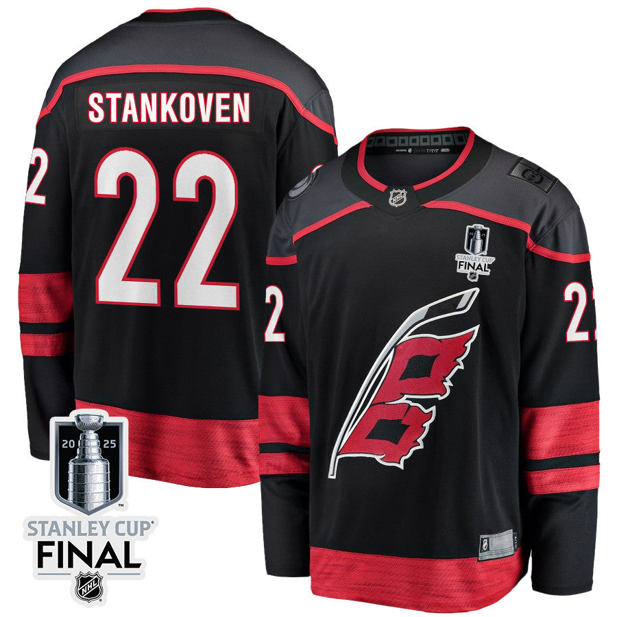 Logan Stankoven 22 Carolina Hurricanes 2025 STANLEY CUP Final Patch Home Men Jersey - Black