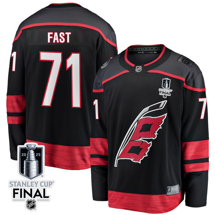 Jesper Fast 71 Carolina Hurricanes 2025 STANLEY CUP Final Patch Home Men Jersey - Black