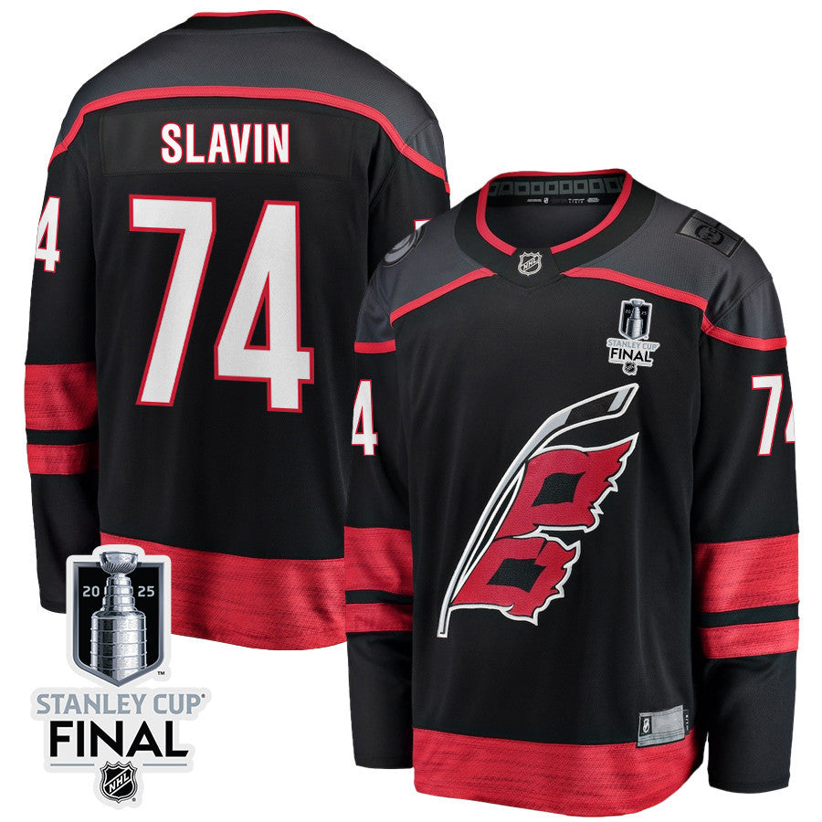 Jaccob Slavin 74 Carolina Hurricanes 2025 STANLEY CUP Final Patch Home Men Jersey - Black
