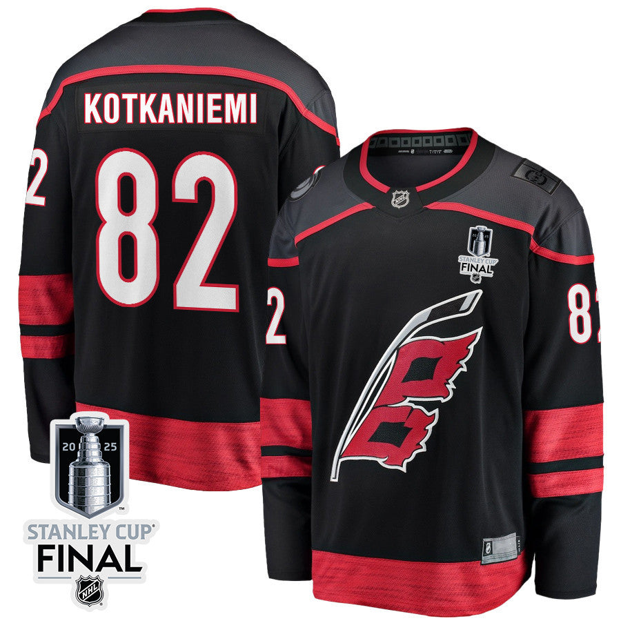 Jesperi Kotkaniemi 82 Carolina Hurricanes 2025 STANLEY CUP Final Patch Home Men Jersey - Black