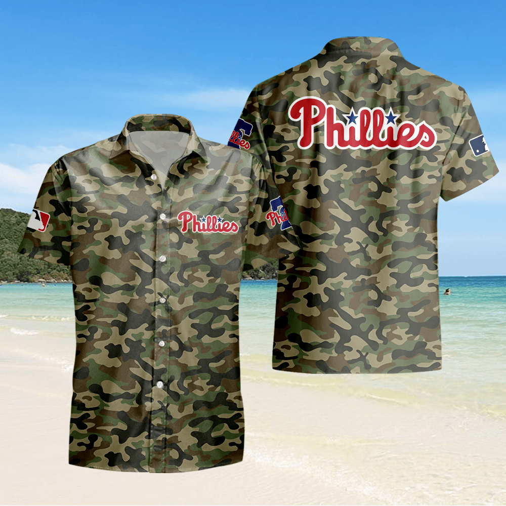 Philadelphia Phillies Camo Hawaiian Shirt - Green