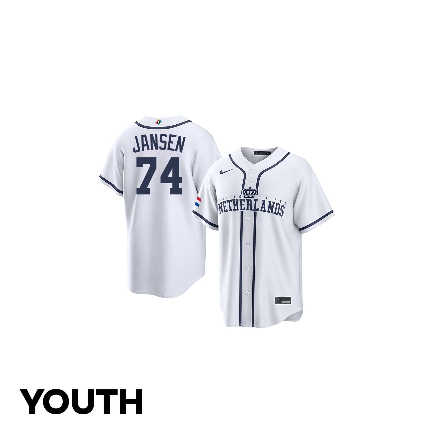 Kenley Jansen 74 Netherland 2026 World Baseball Classic Road Youth Jersey - White
