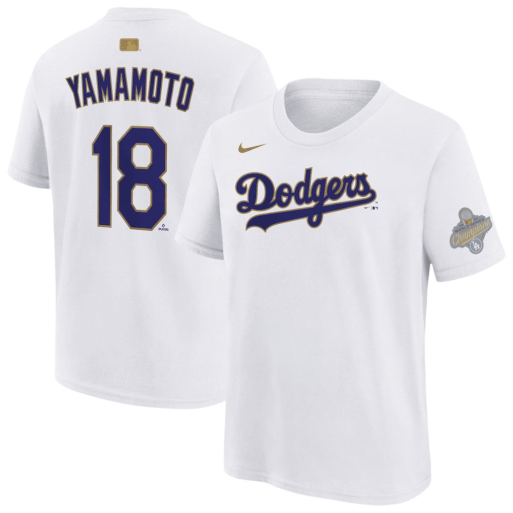 Yoshinobu Yamamoto 18 Los Angeles Dodgers 2026 Gold Collection Name & Number T-Shirt - White