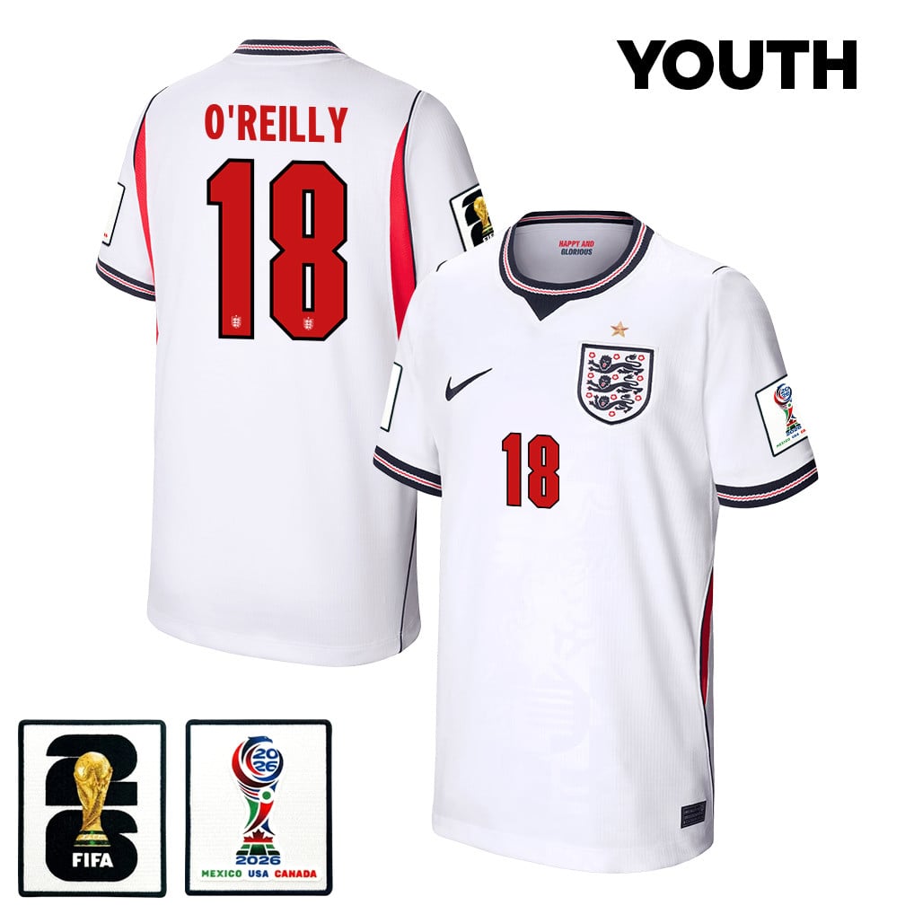 Nico O'Reilly 18 Youth England National Team 2026 Home Jersey - White