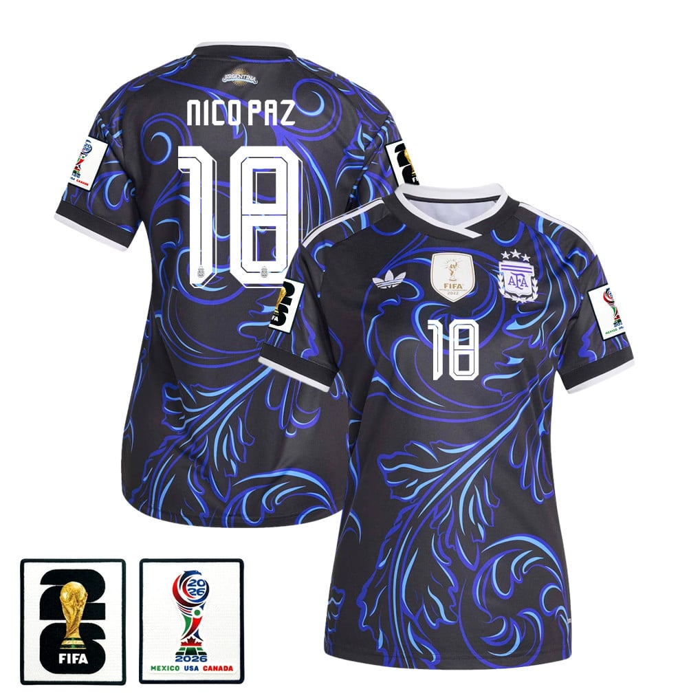 Nico Paz 18 Women's Argentina National Team 2026 Away Jersey - Black