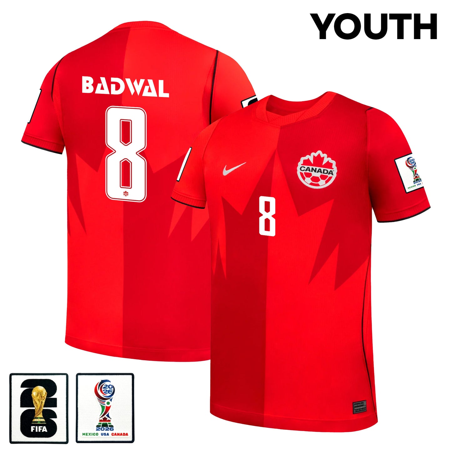Jeevan Badwal 8 Youth Canada National Team 2026 Home Jersey - Red