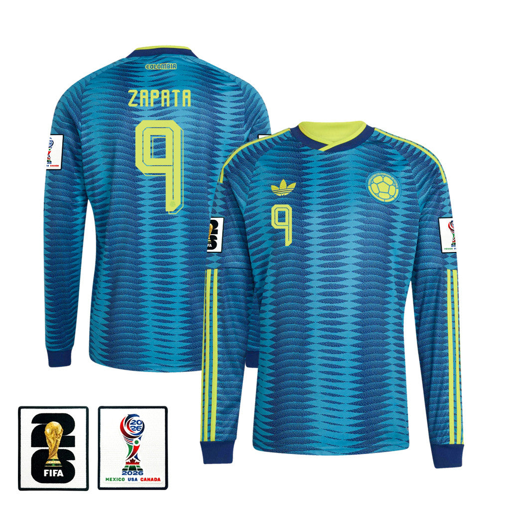 Duván Zapata 9 Colombia National Team 2026 Away Long Sleeve Jersey - Turquoise