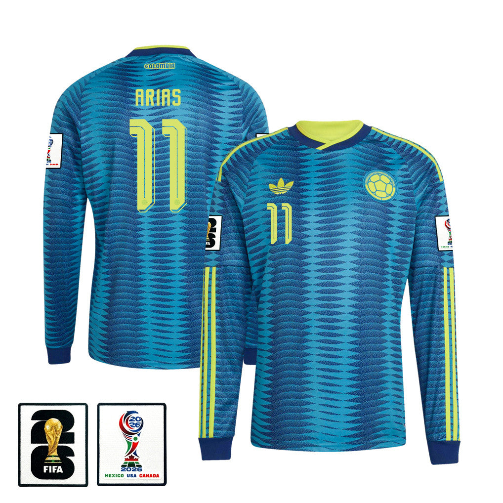 Jhon Arias 11 Colombia National Team 2026 Away Long Sleeve Jersey - Turquoise