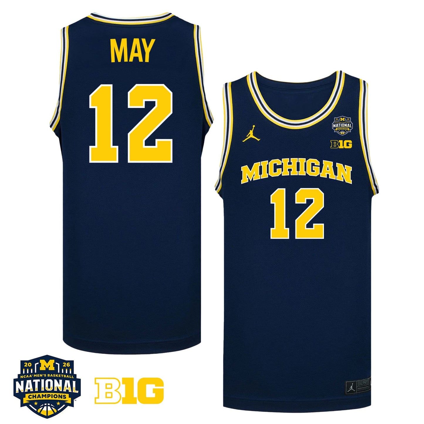 Charlie May 12 Michigan Wolverines 2026 Men's Basketball National Champions Jersey - Navy
