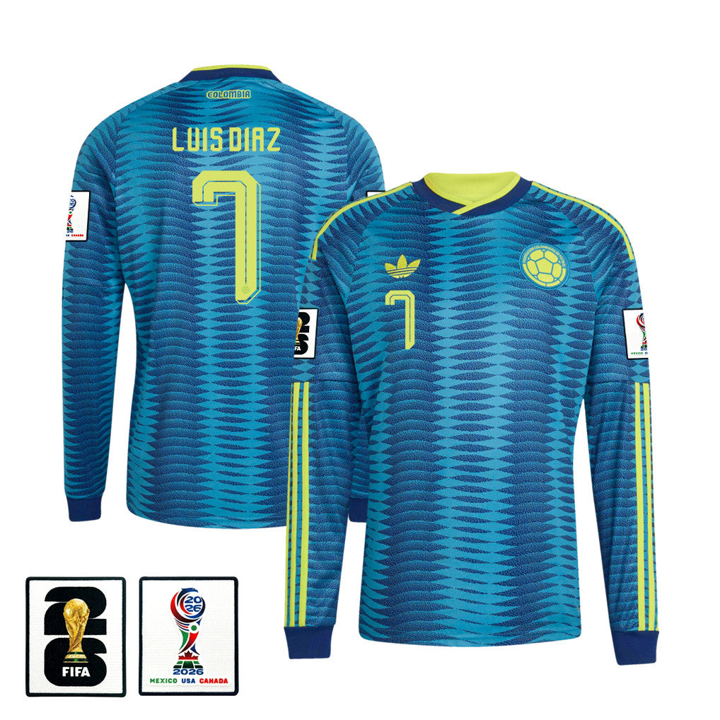 Luis Diaz 7 Colombia National Team 2026 Away Long Sleeve Jersey - Turquoise
