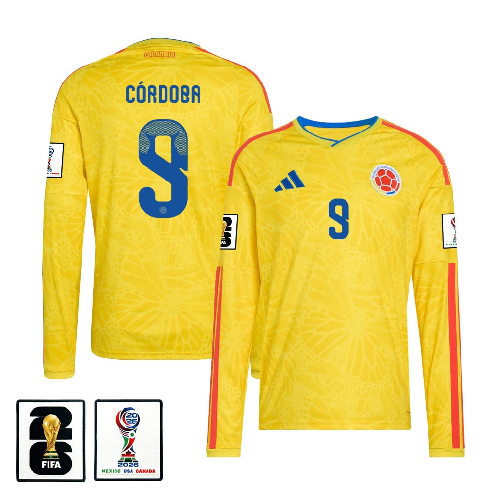 Jhon Córdoba 9 Colombia National Team 2026 Home Long Sleeve Jersey - Yellow