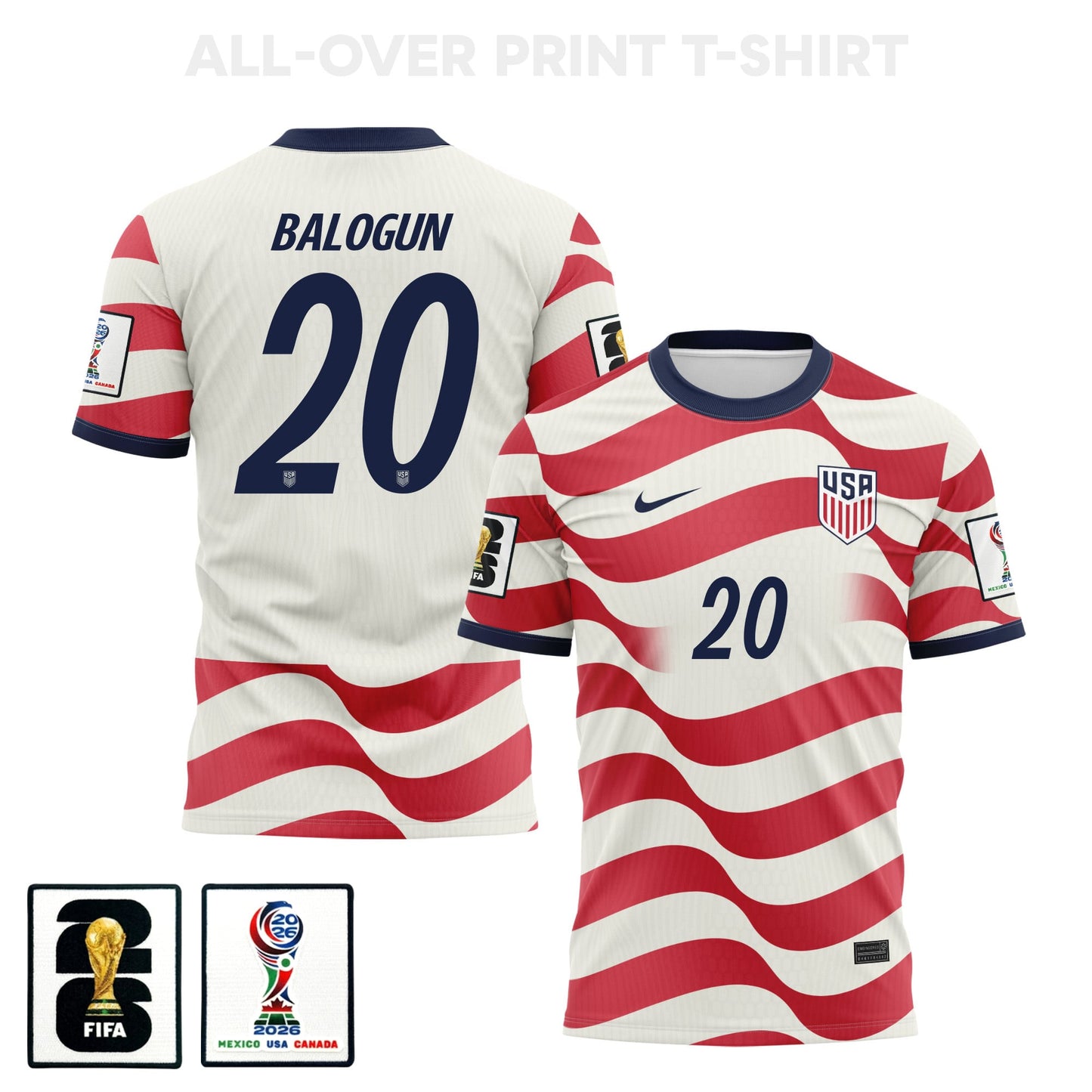 Folarin Balogun 20 USMNT 2026 Home 3D T-Shirt Fully Printed – Unisex, White/Red