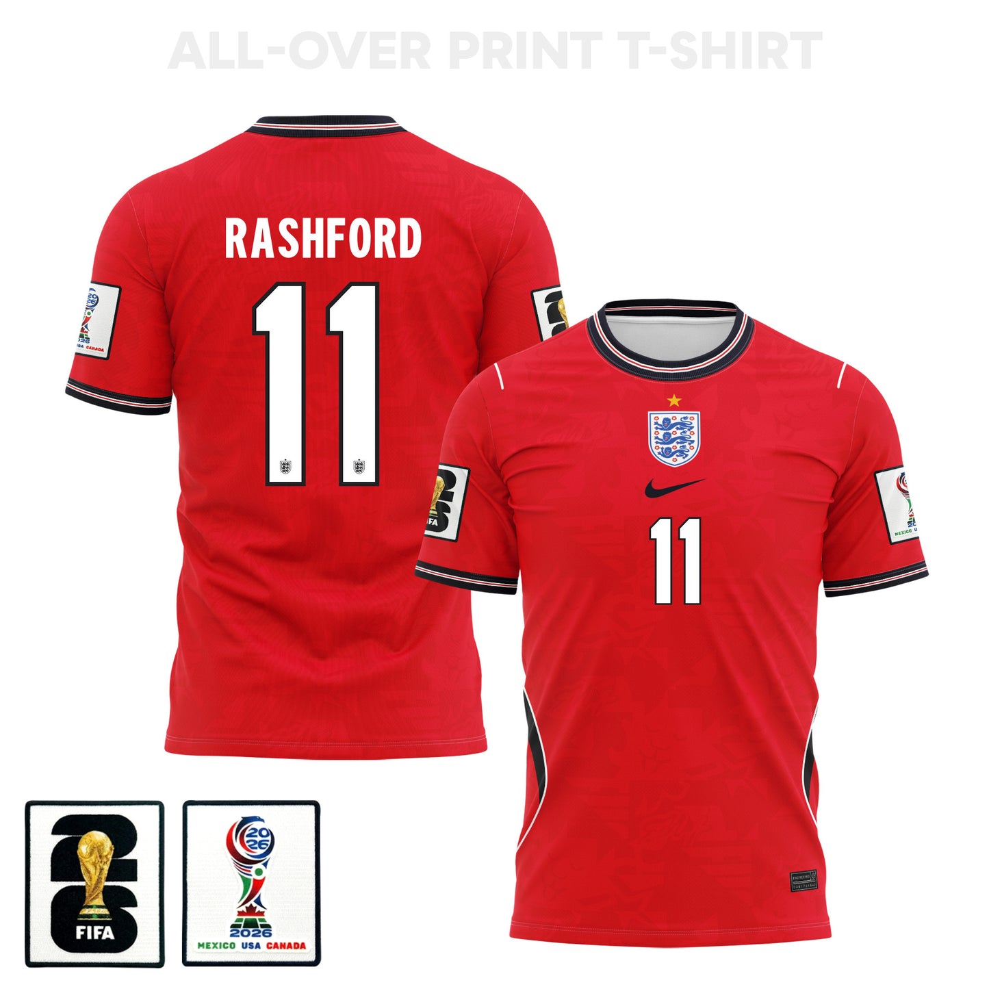 Marcus Rashford 11 England 2026 Away 3D T-Shirt Fully Printed – Unisex, Red