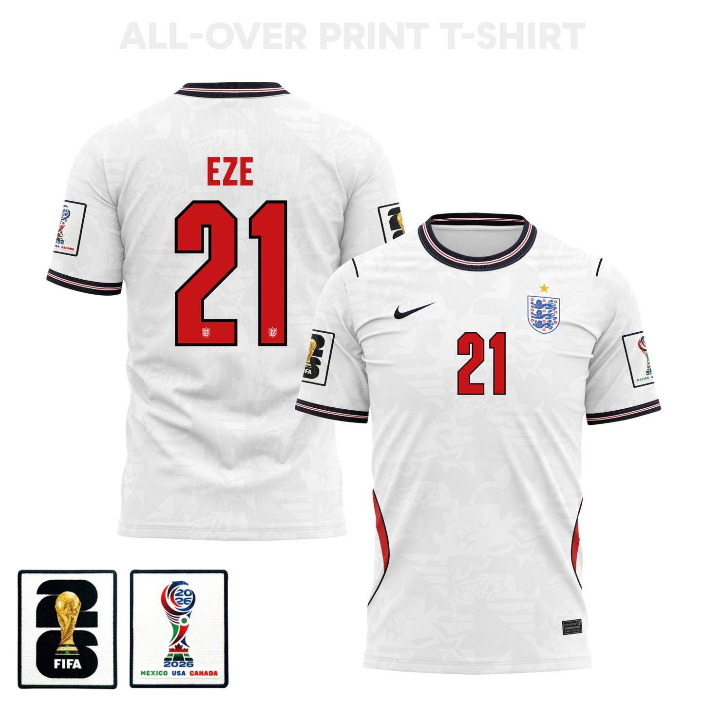 Eberechi Eze 21 England 2026 Home 3D T-Shirt Fully Printed – Unisex, White