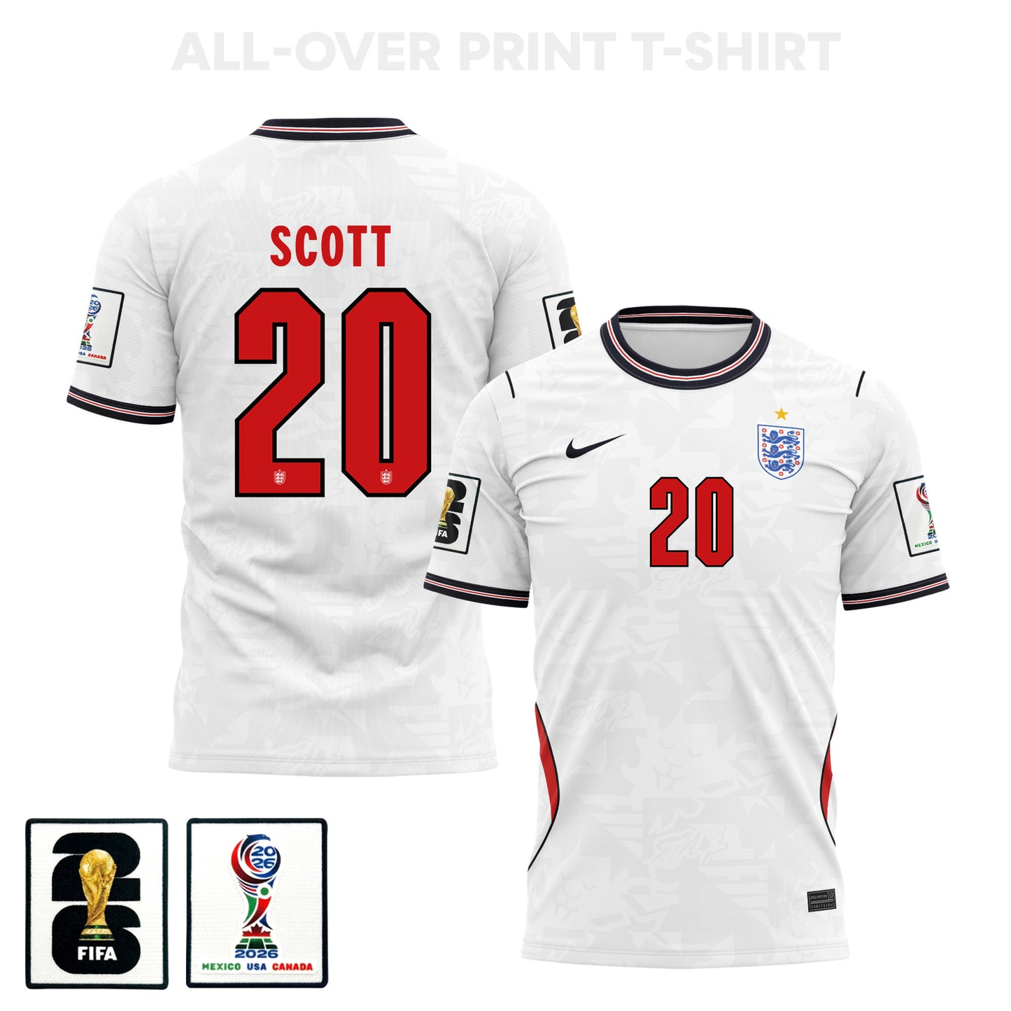 Alex Scott 20 England 2026 Home 3D T-Shirt Fully Printed – Unisex, White