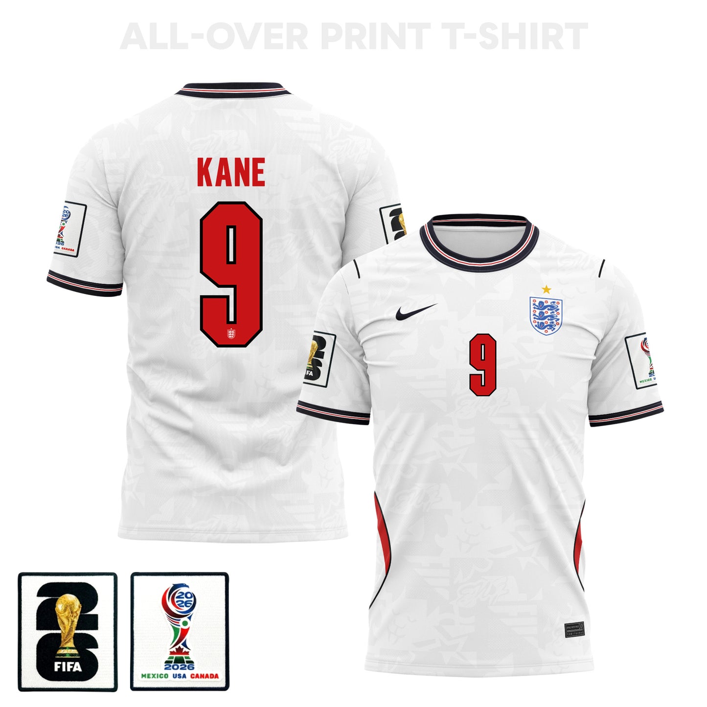 Harry Kane 9 England 2026 Home 3D T-Shirt Fully Printed – Unisex, White