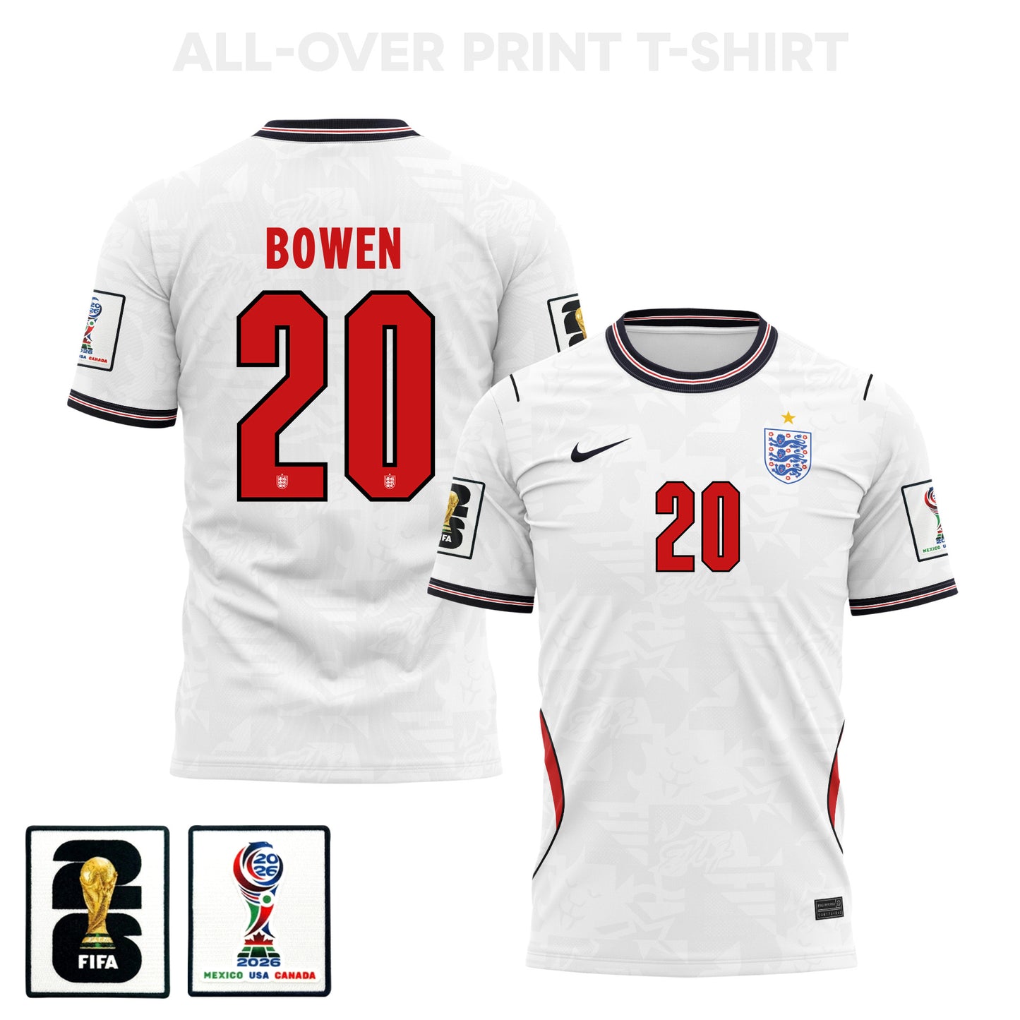 Jarrod Bowen 20 England 2026 Home 3D T-Shirt Fully Printed – Unisex, White