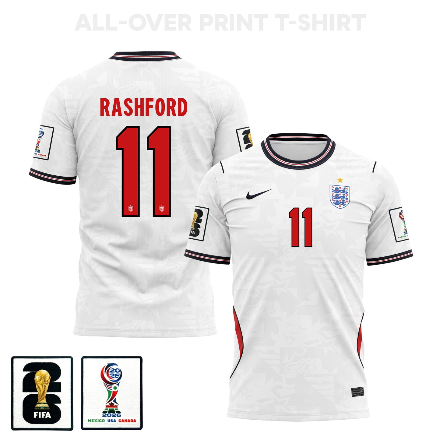 Marcus Rashford 11 England 2026 Home 3D T-Shirt Fully Printed – Unisex, White