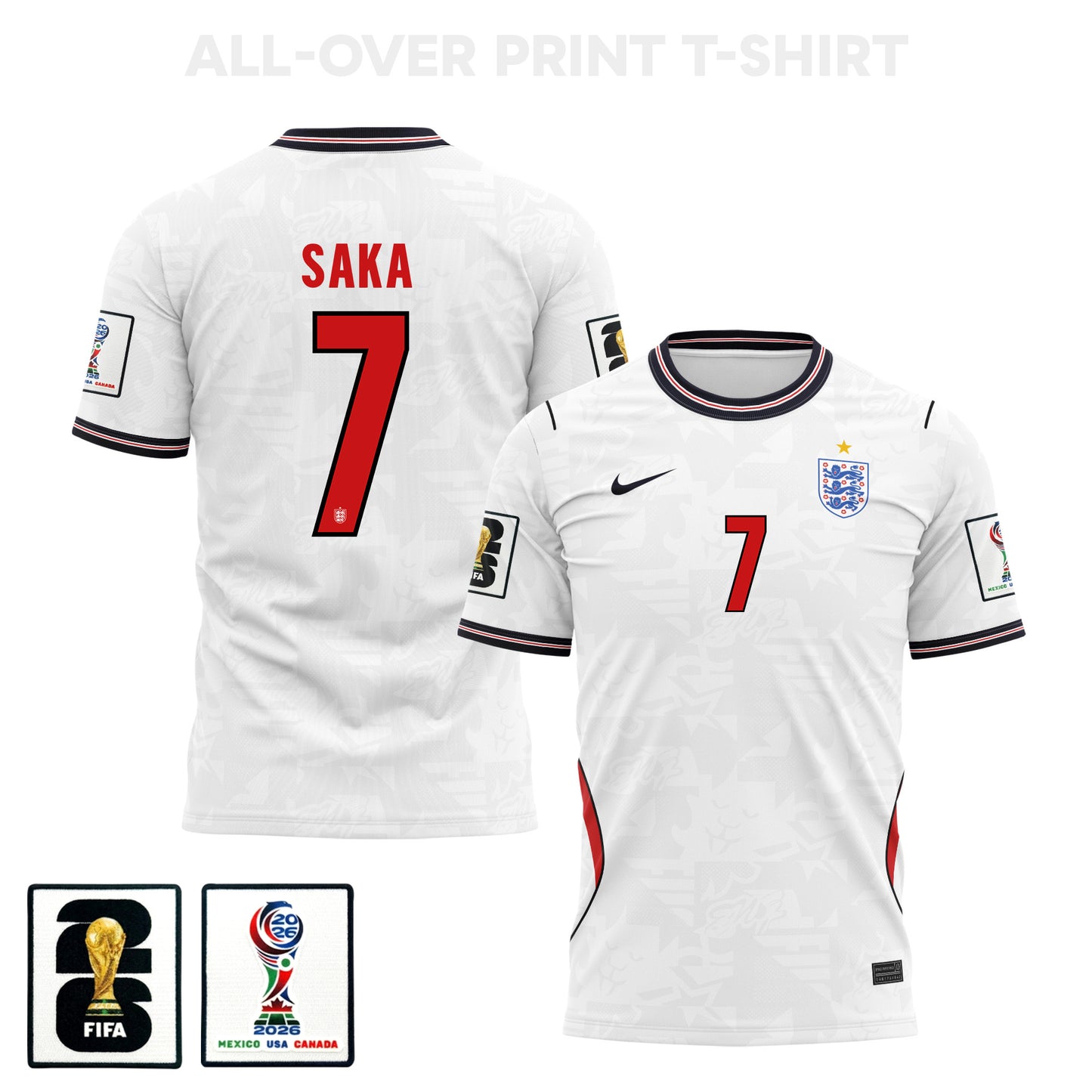 Bukayo Saka 7 England 2026 Home 3D T-Shirt Fully Printed – Unisex, White