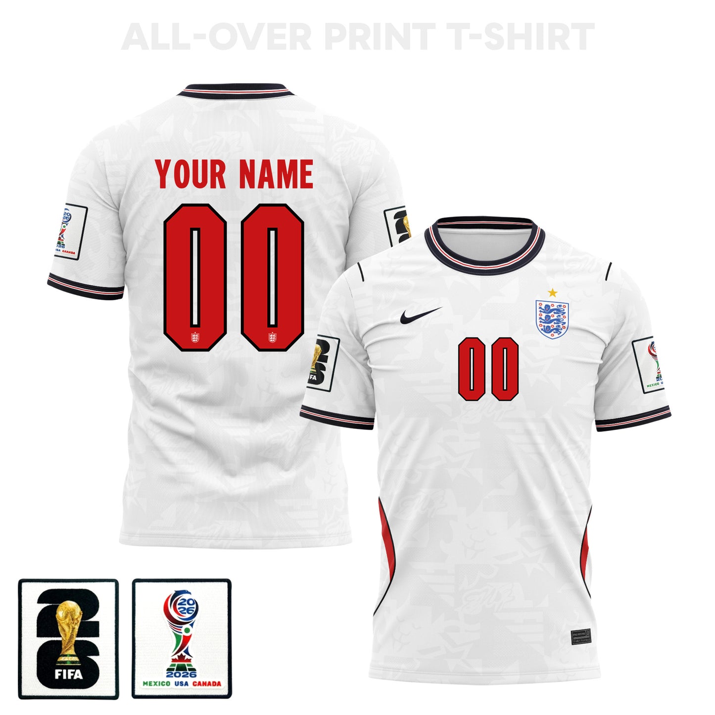 England 2026 Home 3D T-Shirt Fully Printed – Personalized – Unisex, White