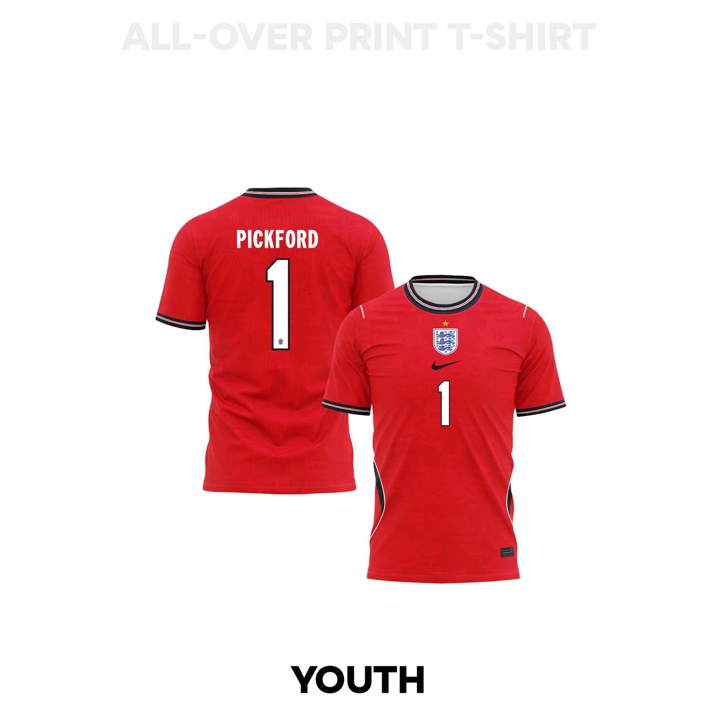 Jordan Pickford 1 Youth England 2026 Away 3D T-shirt Fully Printed – Red