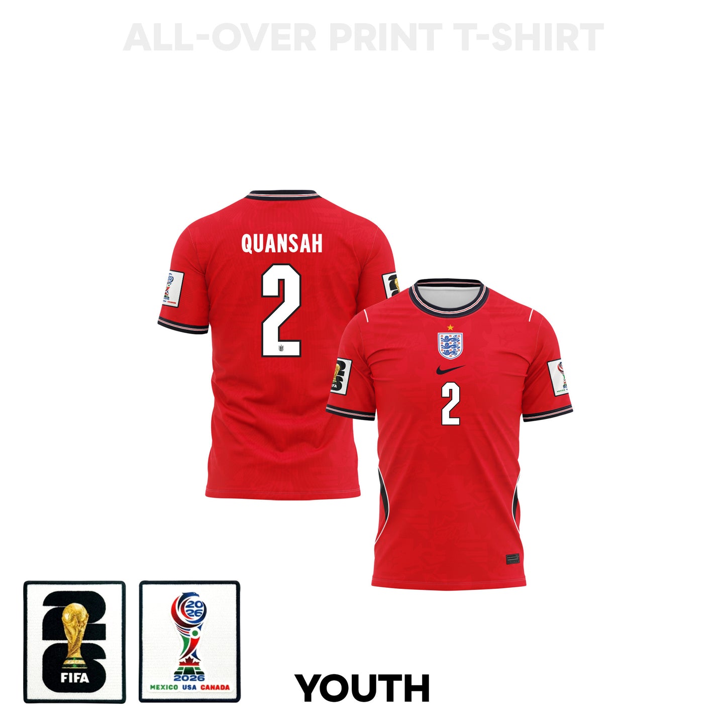 Jarell Quansah 2 Youth England 2026 Away 3D T-shirt Fully Printed – Red
