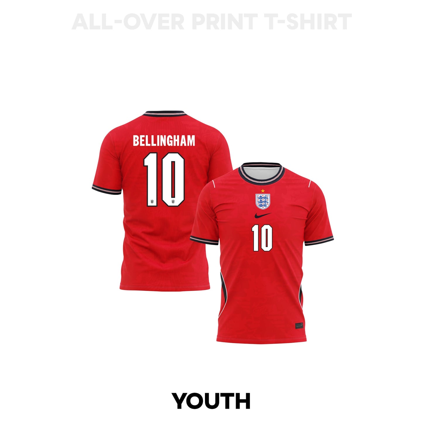 Jude Bellingham 10 Youth England 2026 Away 3D T-shirt Fully Printed – Red