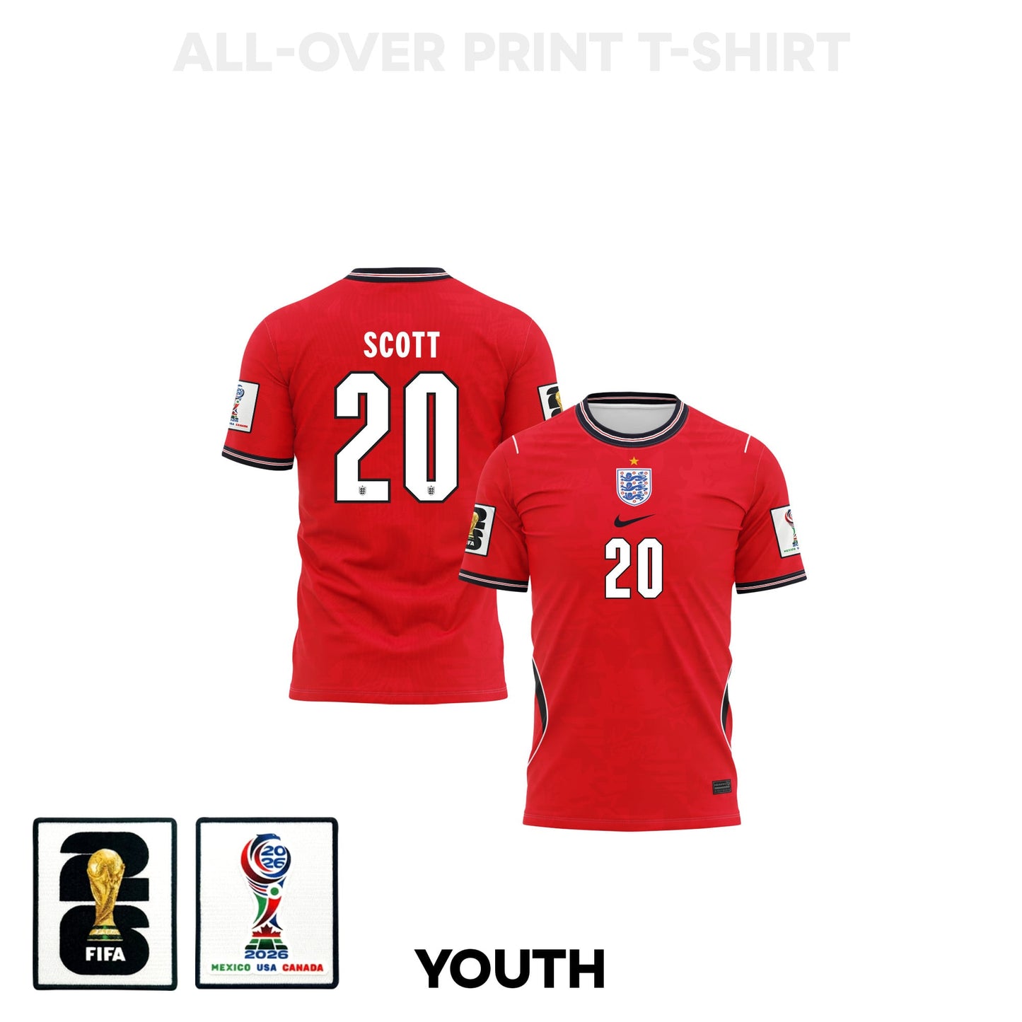 Alex Scott 20 Youth England 2026 Away 3D T-shirt Fully Printed – Red