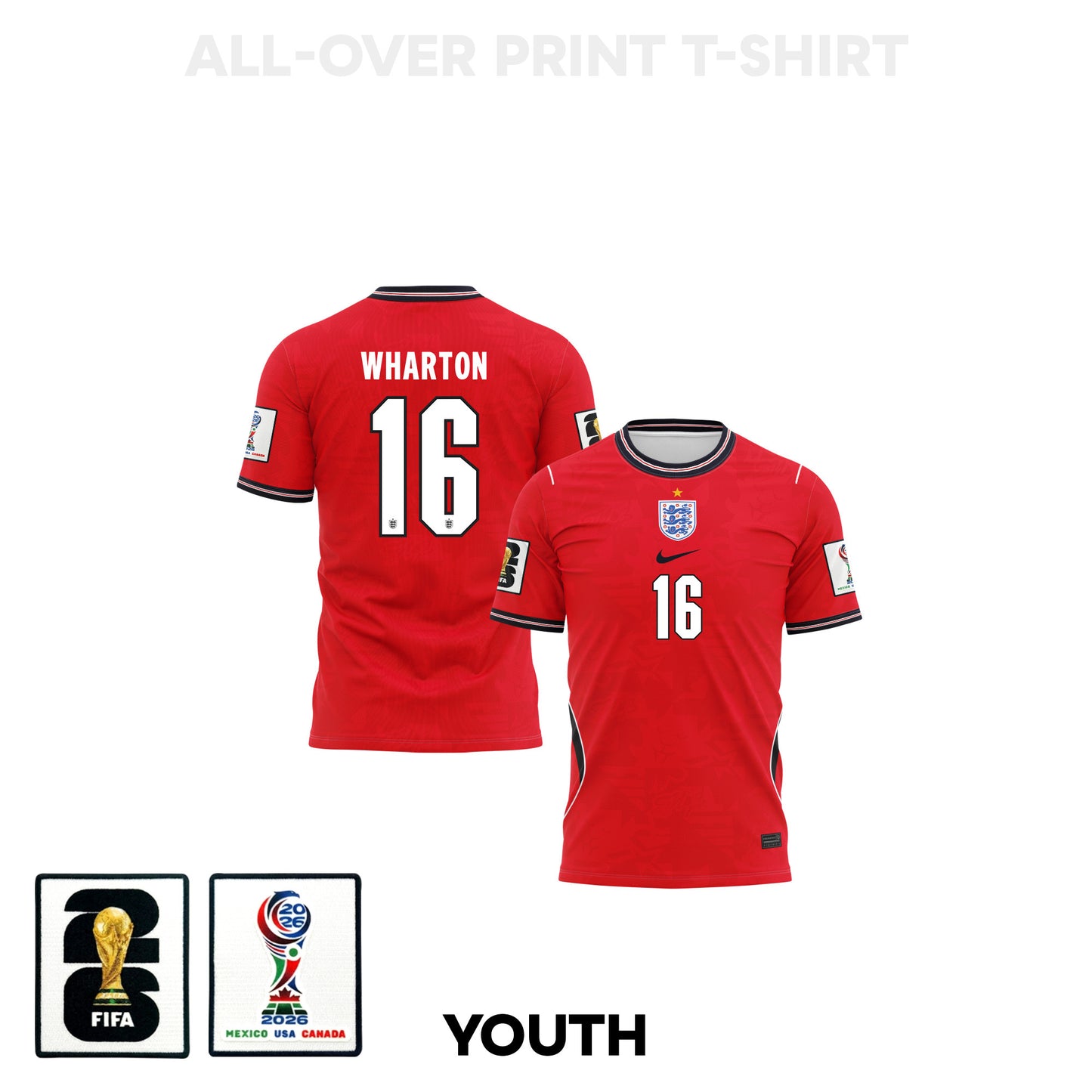 Adam Wharton 16 Youth England 2026 Away 3D T-shirt Fully Printed – Red