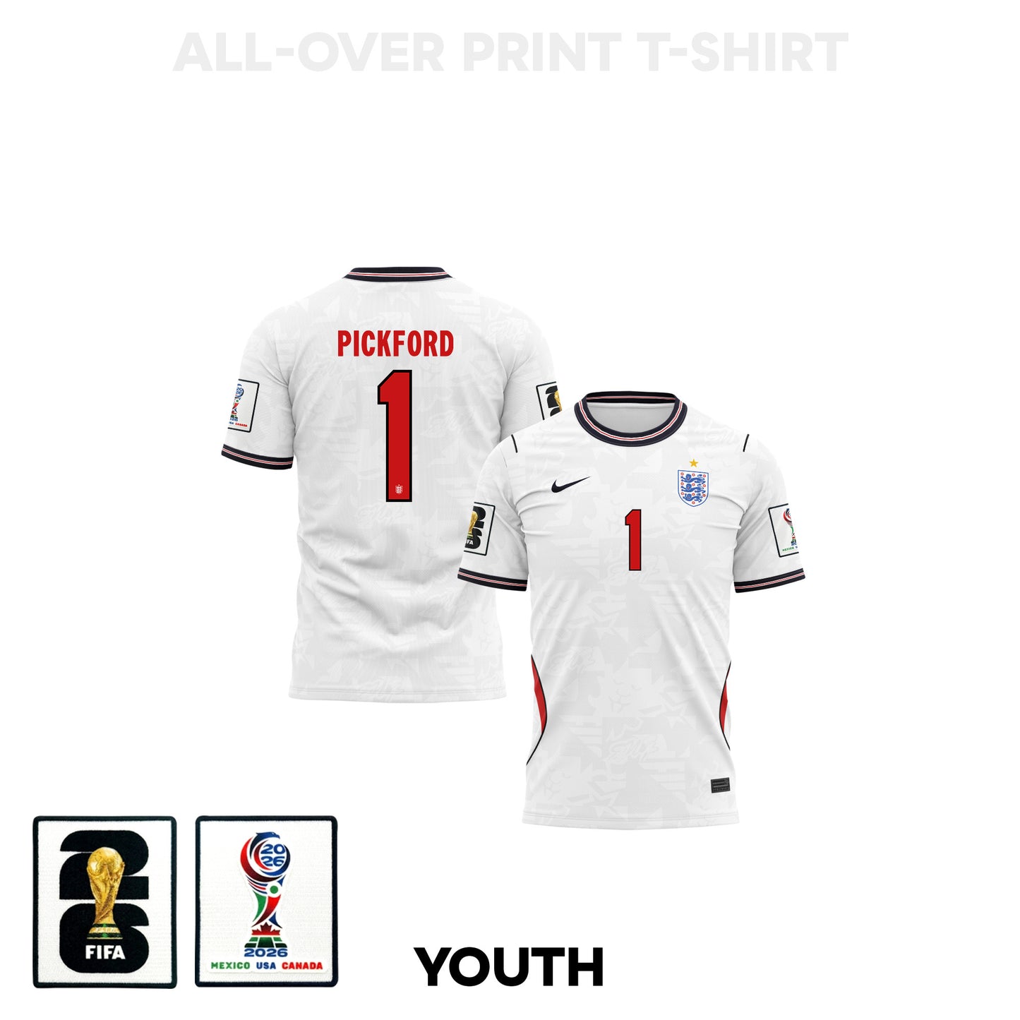 Jordan Pickford 1 Youth England 2026 Home 3D T-shirt Fully Printed – White