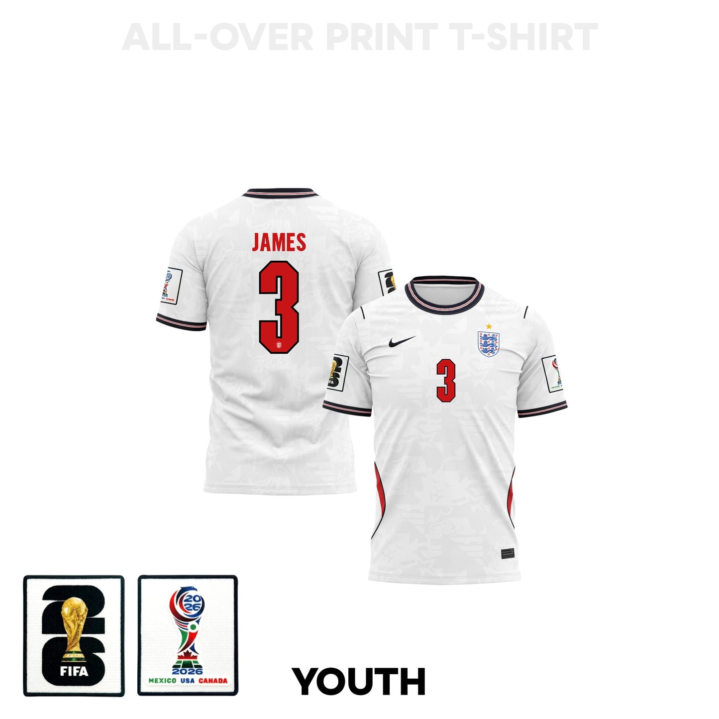Reece James 3 Youth England 2026 Home 3D T-shirt Fully Printed – White