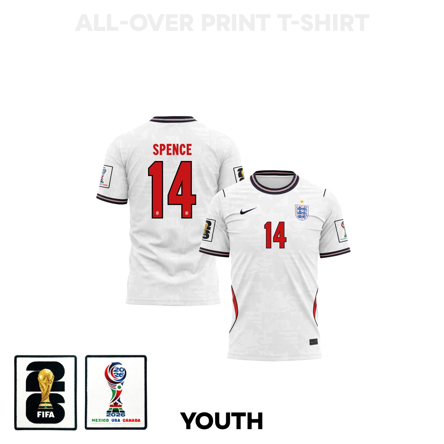 Djed Spence 14 Youth England 2026 Home 3D T-shirt Fully Printed – White