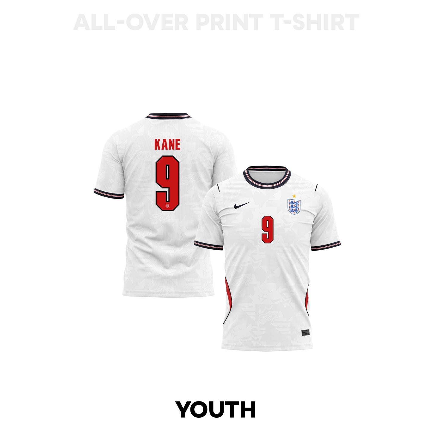 Harry Kane 9 Youth England 2026 Home 3D T-shirt Fully Printed – White