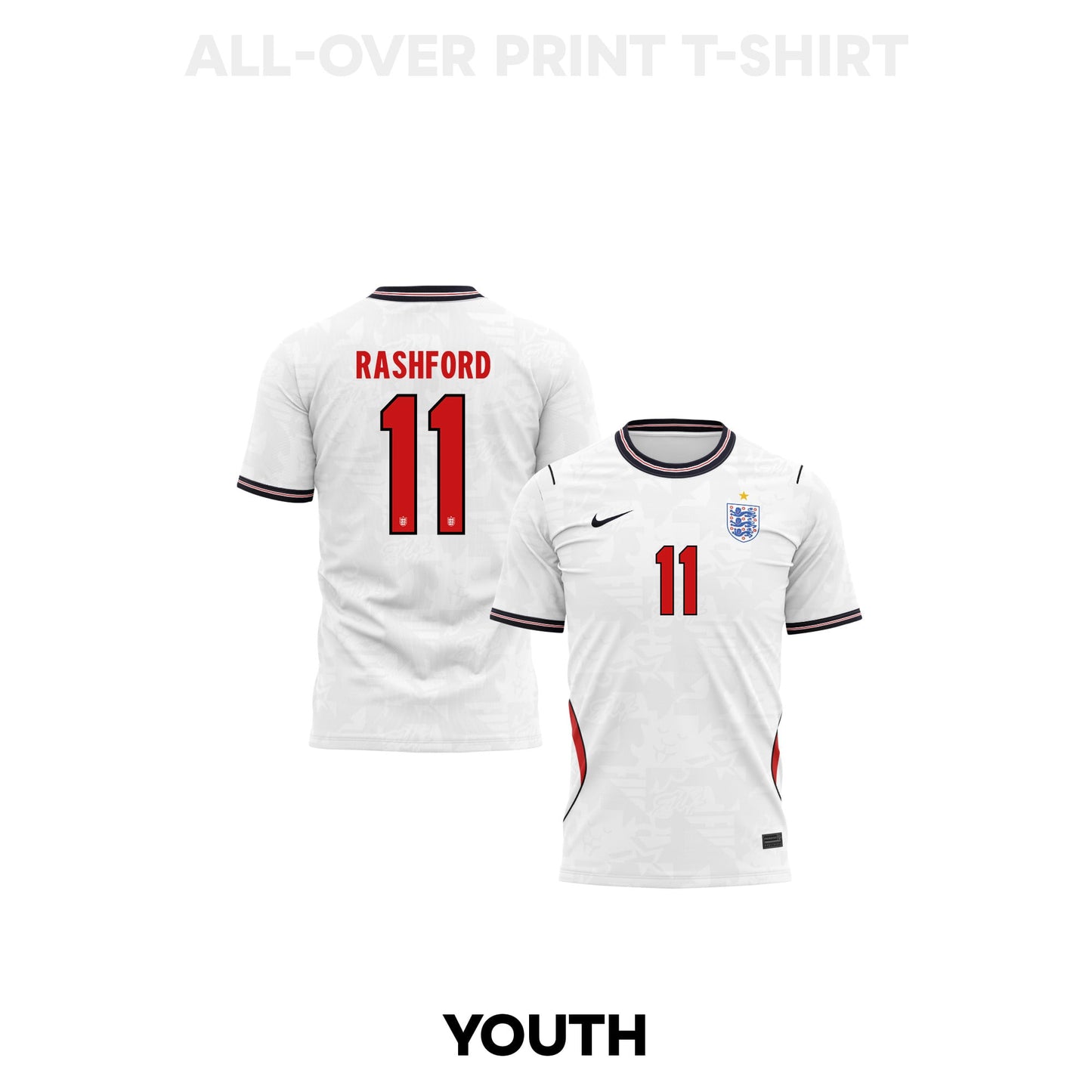 Marcus Rashford 11 Youth England 2026 Home 3D T-shirt Fully Printed – White