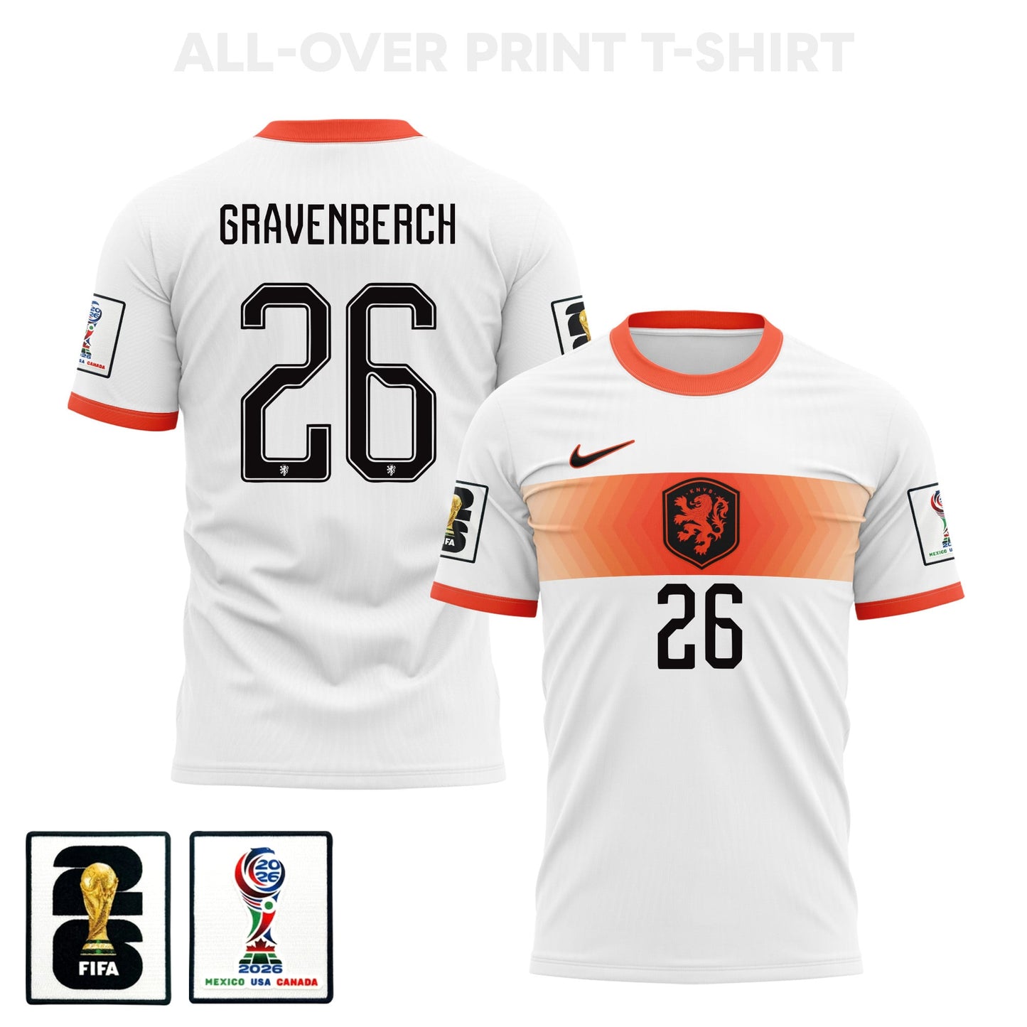 Ryan Gravenberch 26 Netherlands 2026 Away 3D T-Shirt Fully Printed – Unisex, White