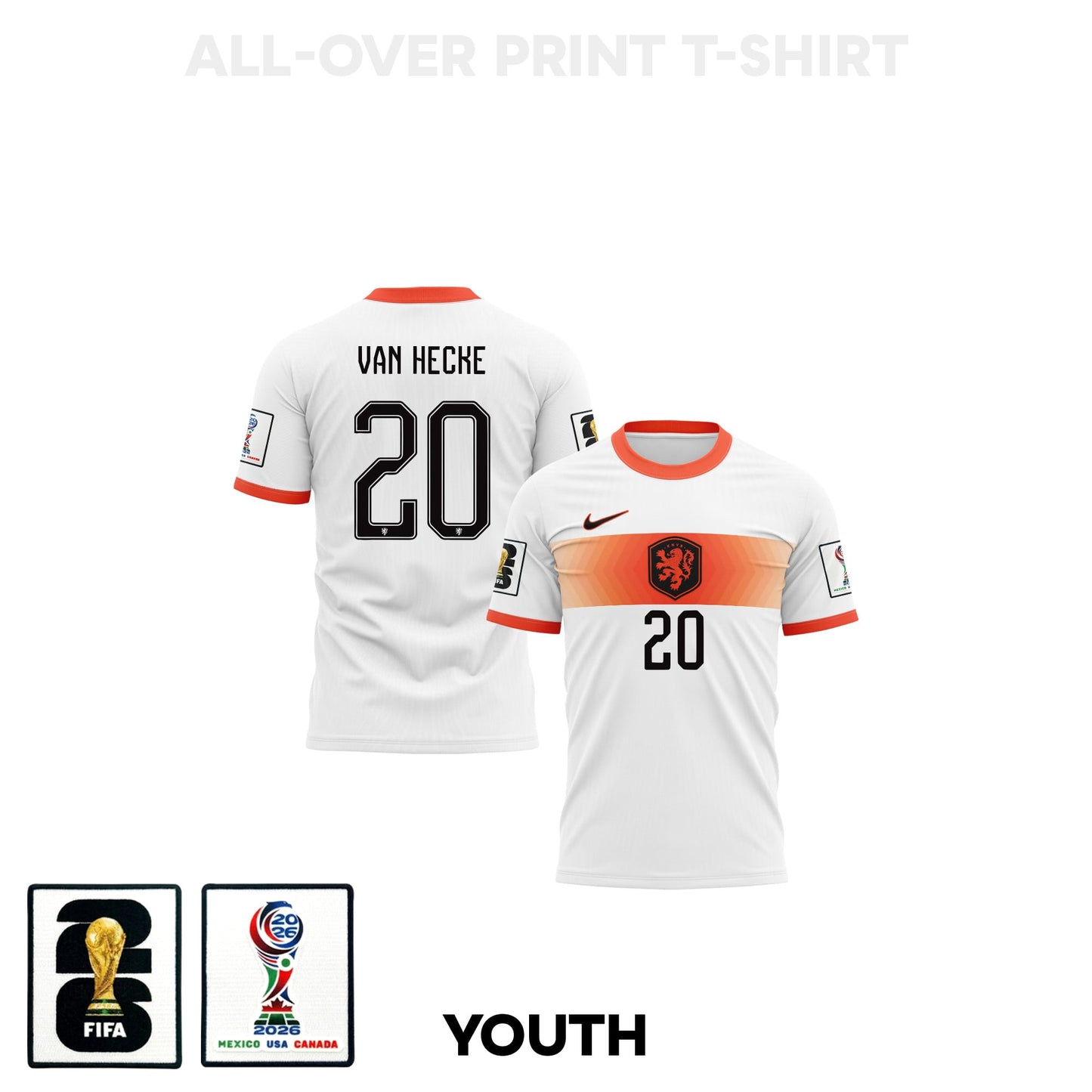 Jan Paul van Hecke 20 Youth Netherlands 2026 Away 3D T-shirt Fully Printed – White