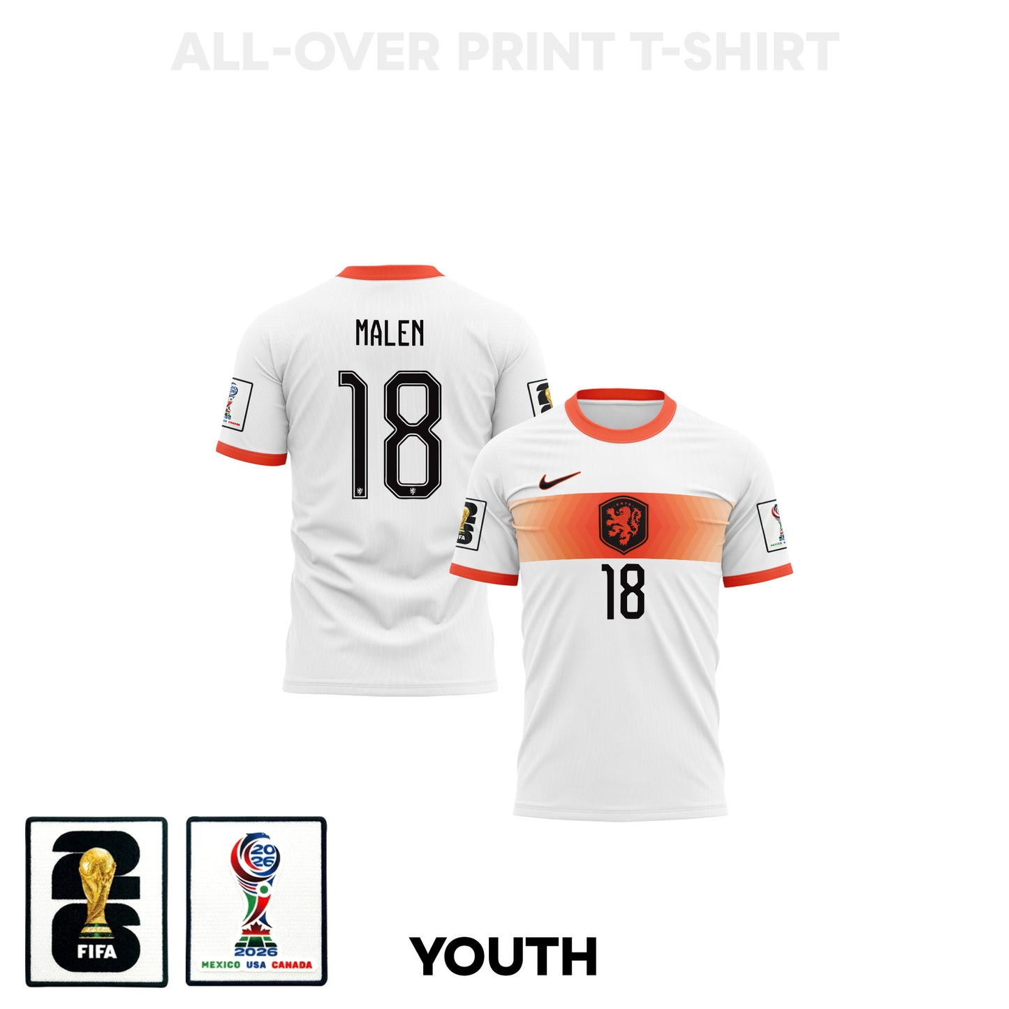 Donyell Malen 18 Youth Netherlands 2026 Away 3D T-shirt Fully Printed – White
