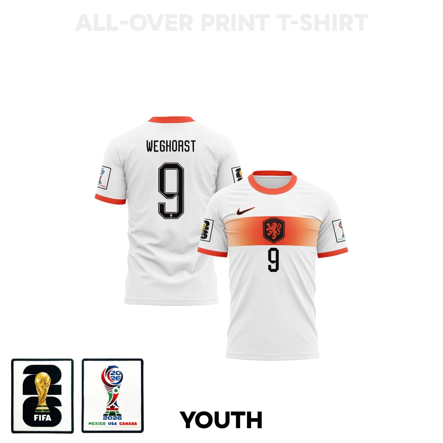 Wout Weghorst 9 Youth Netherlands 2026 Away 3D T-shirt Fully Printed – White