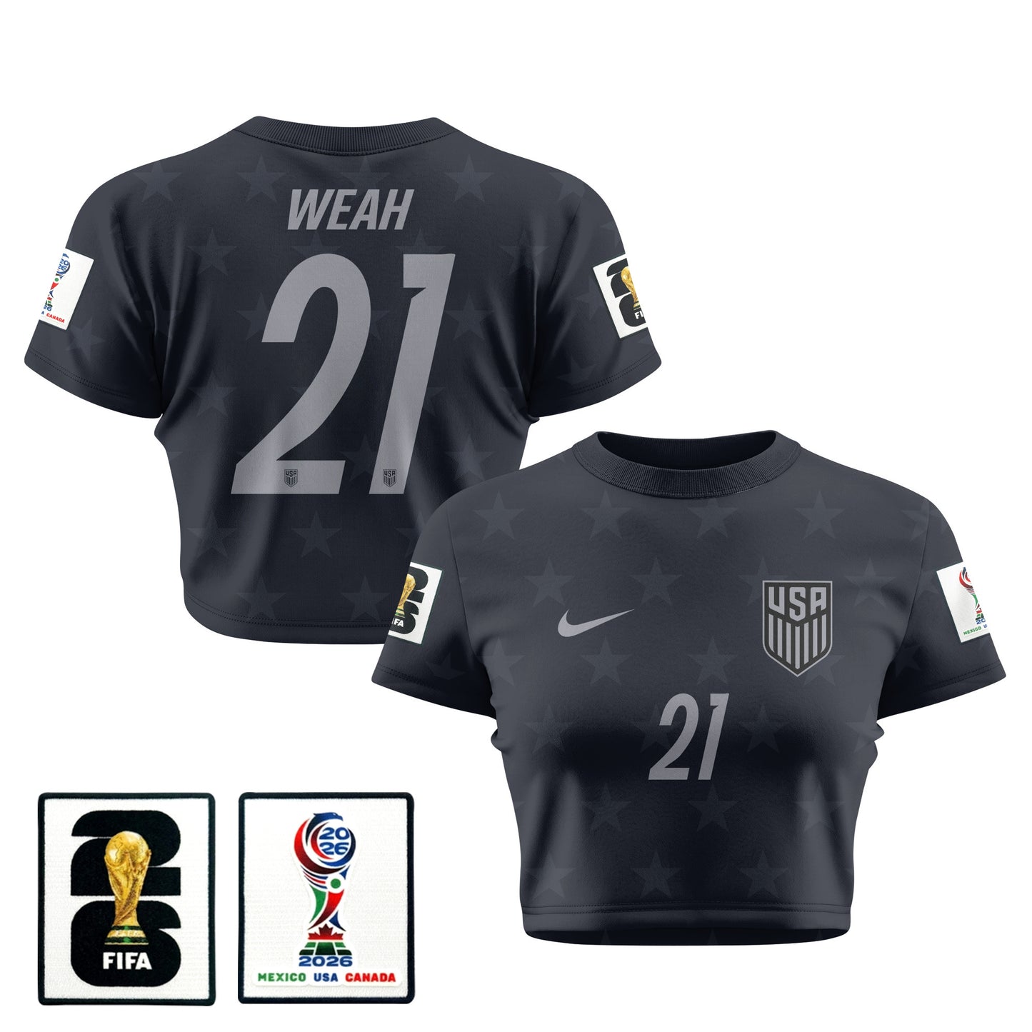 Timothy Weah 21 USMNT 2026 Women's Away All-Over Print Cropped Jersey - Black