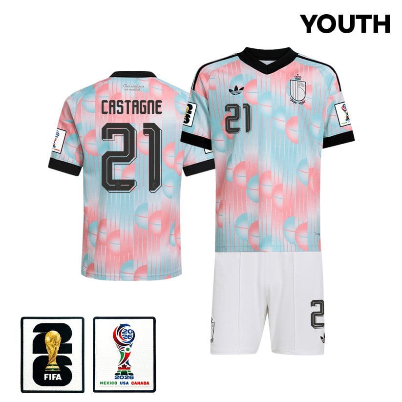 Timothy Castagne 21 Belgium 2026 YOUTH Away Jersey & Shorts Set - Light Blue