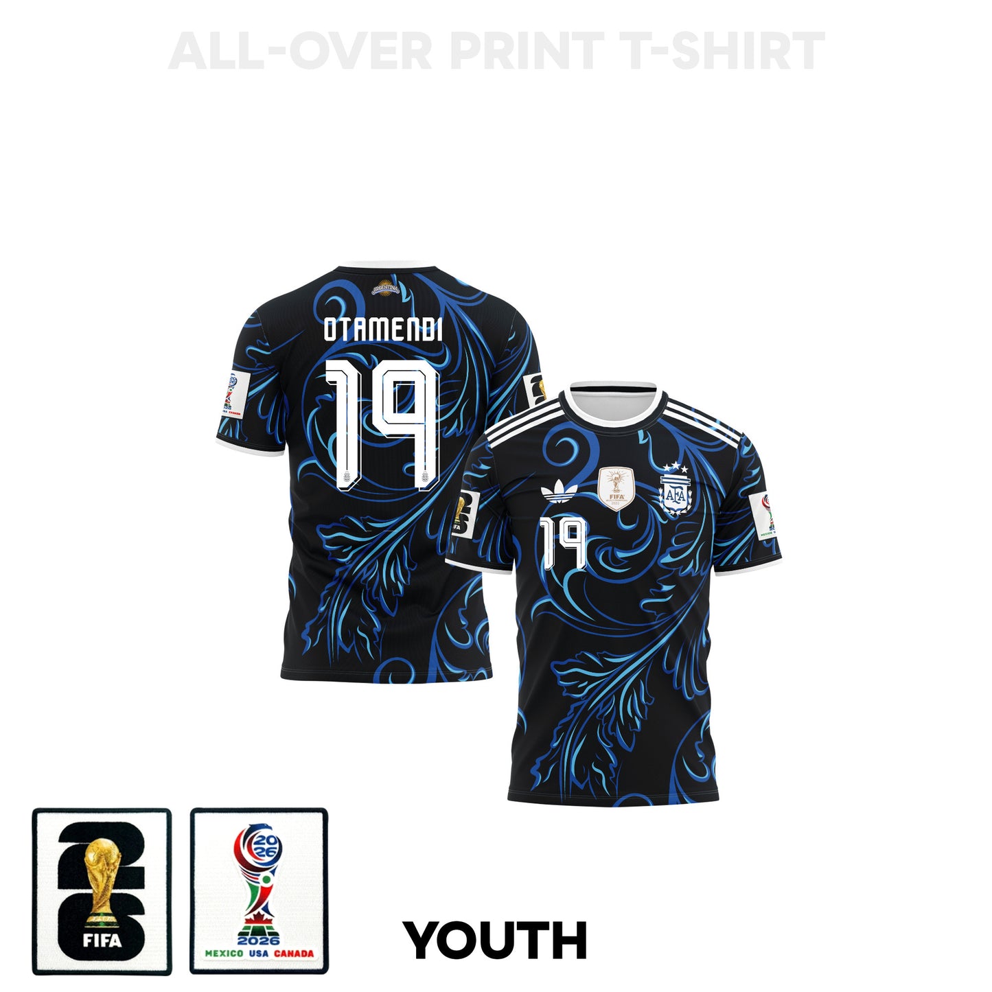 Nicolás Otamendi 19 Youth Argentina 2026 Away 3D T-shirt Fully Printed – Black