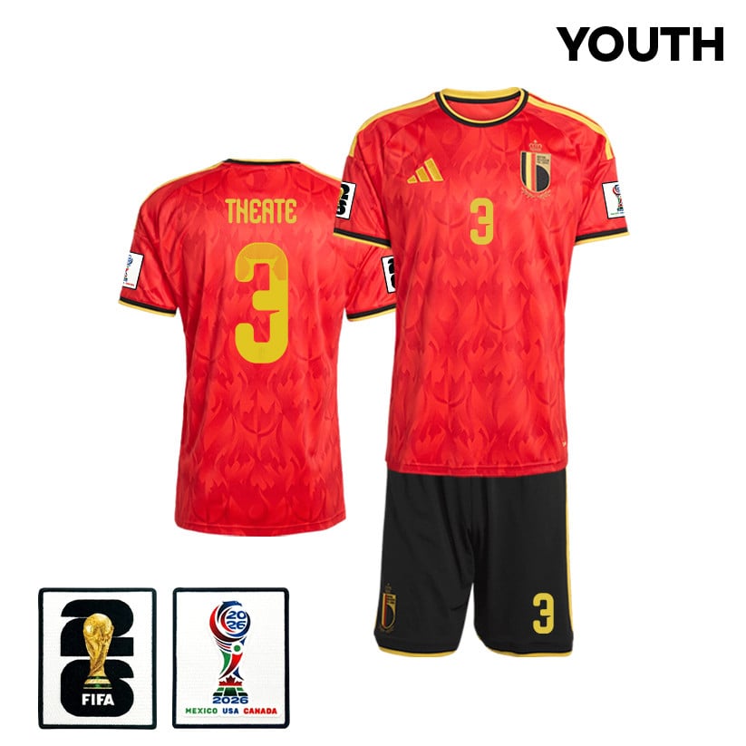 Arthur Theate 3 Belgium 2026 YOUTH Home Jersey & Shorts Set - Red/Black
