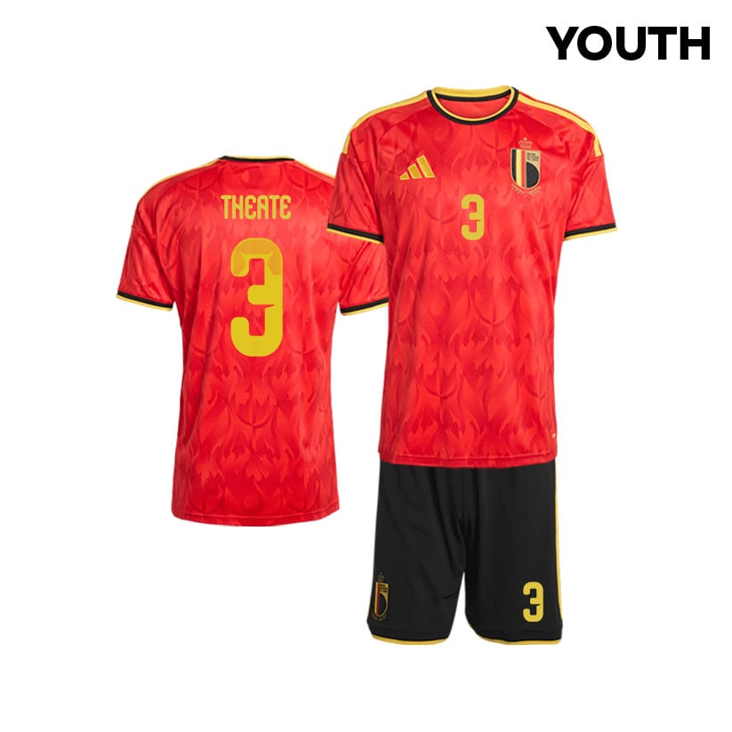 Arthur Theate 3 Belgium 2026 YOUTH Home Jersey & Shorts Set - Red/Black