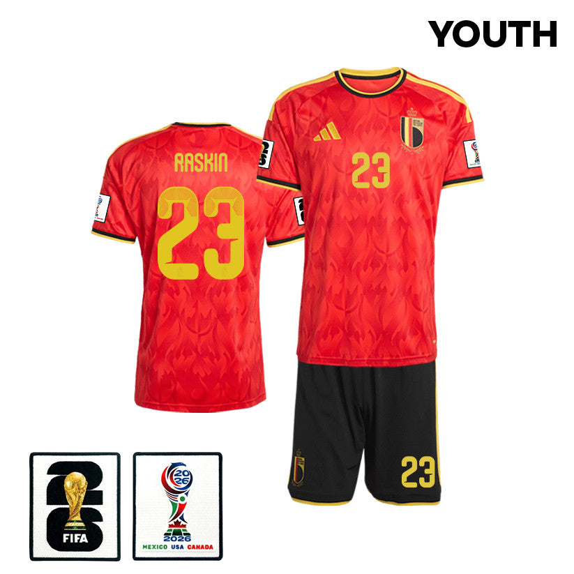 Nicolas Raskin 23 Belgium 2026 YOUTH Home Jersey & Shorts Set - Red/Black